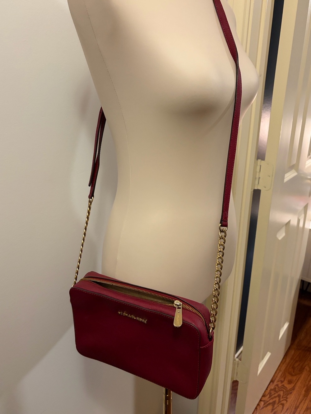 Michael Kors Red Leather Crossbody Purse with Gold Chain (Used) - Picture 4 of 11